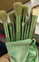 Petra store 13-Piece Makeup Brush Set with green handles and soft bristles in a matching pouch