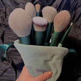 Petra store 13-Piece Makeup Brush Set with soft bristles in green handles inside a light green pouch