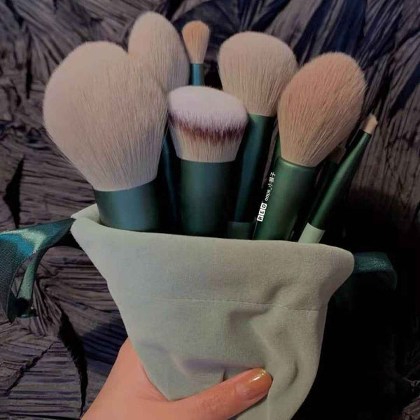 Petra store 13-Piece Makeup Brush Set with soft bristles in green handles inside a light green pouch