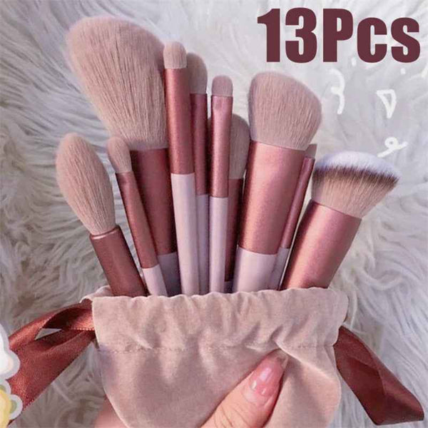 Petra store 13-Piece Makeup Brush Set with soft rose gold and pink handles in a beige pouch