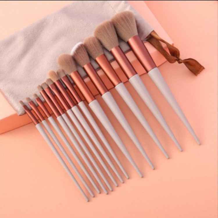 Petra store 13-Piece Makeup Brush Set with white handles and rose gold ferrules on peach background