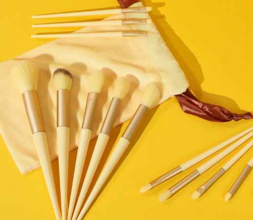 Petra store 13-Piece Makeup Brush Set with soft bristles and beige handles on yellow background