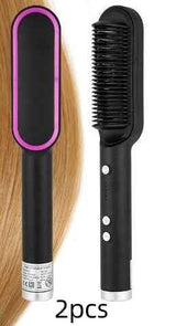 Petra store 2 In 1 Hair Straightener black heated brush with pink border for styling hair