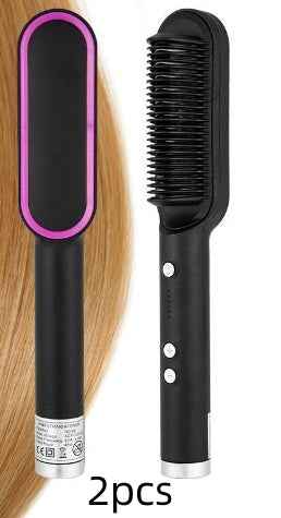 Petra store 2 In 1 Hair Straightener black heated brush with pink border for styling hair