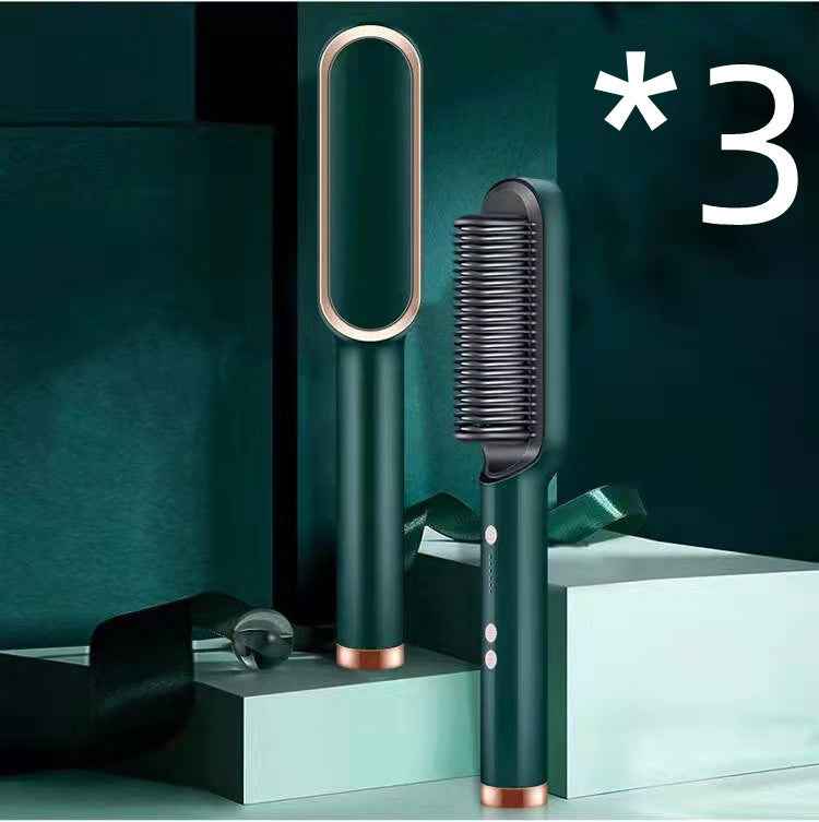 Petra store 2 In 1 Hair Straightener in dark green with gold accents standing on a minimalist display