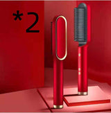 Red 2 In 1 Hair Straightener with brush design showing front and back views by Petra store