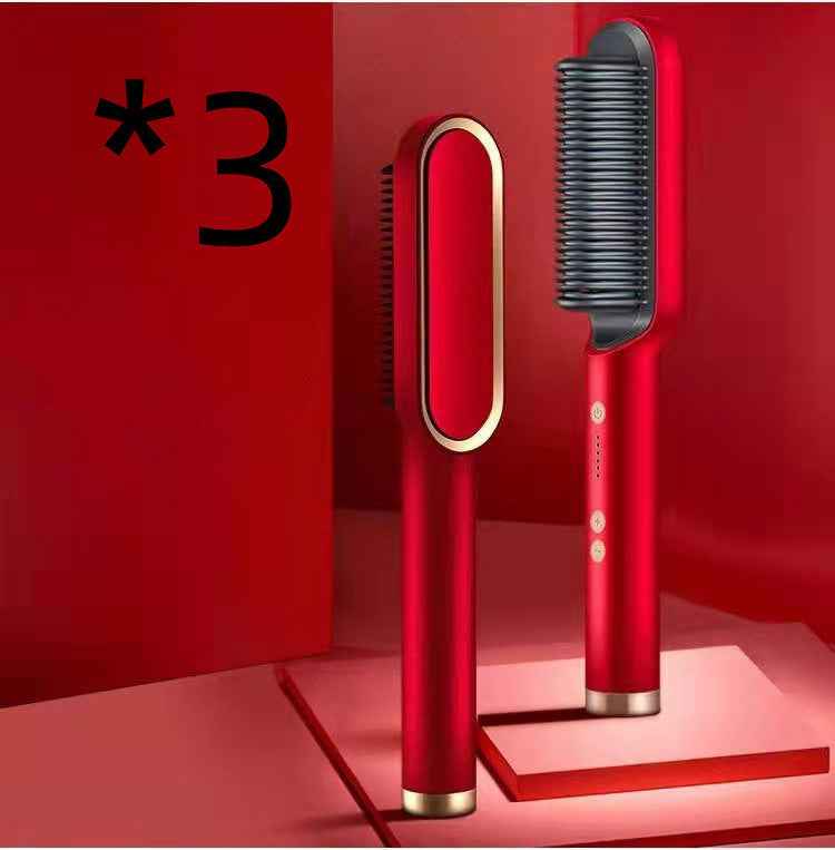Red 2 In 1 Hair Straightener with brush design and gold accents from Petra store for sleek styling