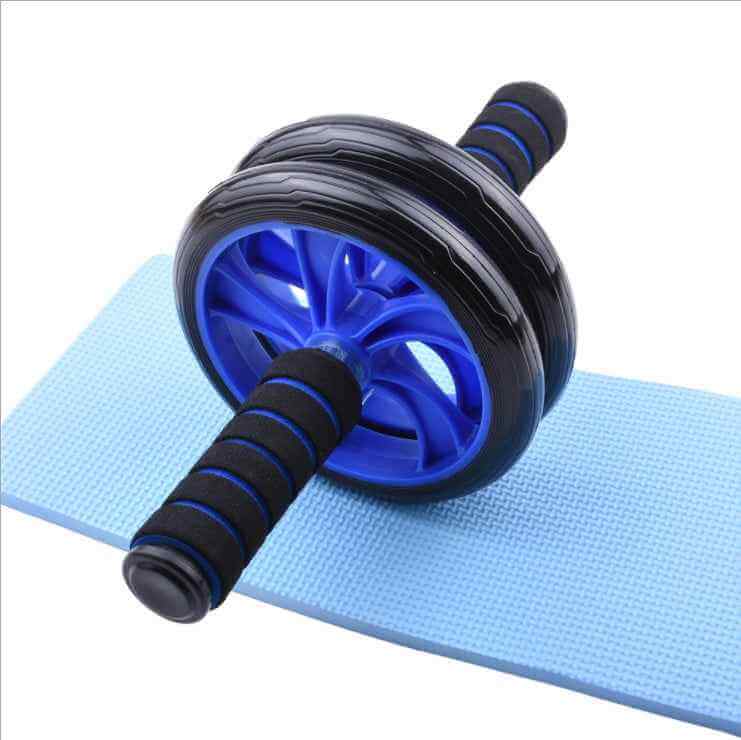 5-in-1 Home Sports and Fitness Kit ab roller wheel with foam grip handles on blue exercise mat