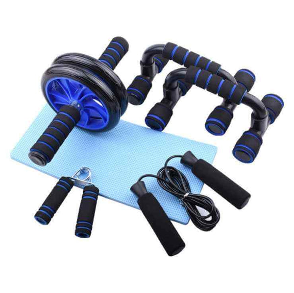 Petra store 5-in-1 Home Sports and Fitness Kit with ab roller, push-up bars, jump rope, hand gripper, and exercise mat