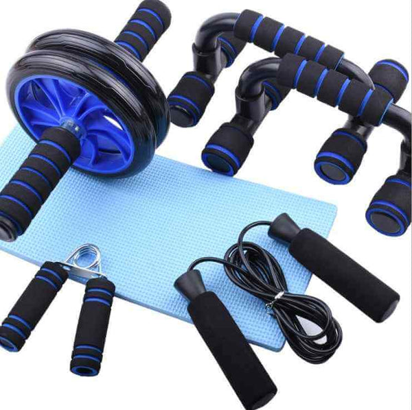 Petra store 5-in-1 Home Sports and Fitness Kit with ab roller, push-up bars, jump rope, hand grips, and yoga mat