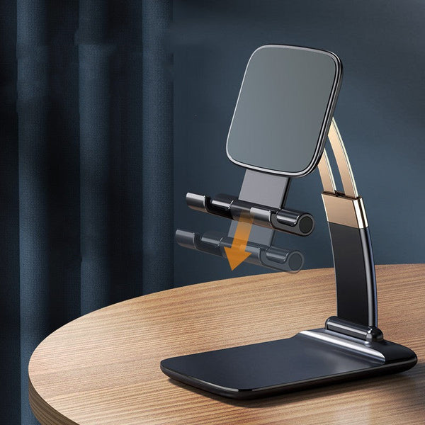 Portable phone stand for desk in black and gold adjustable design by Petra store on wooden surface