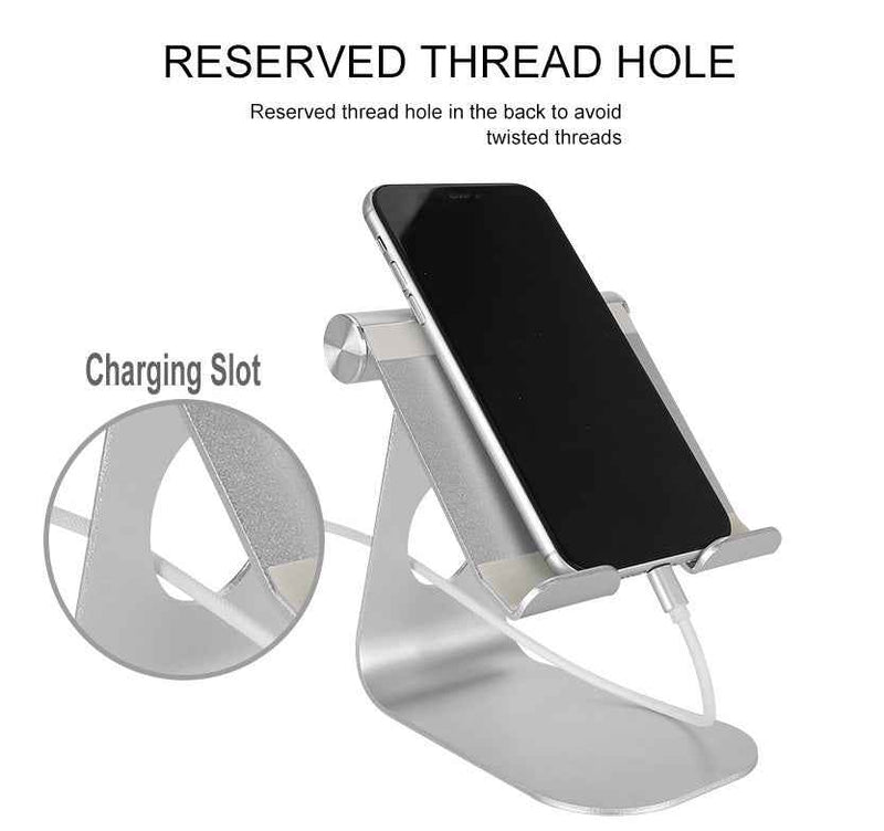 Petra store silver Stand For iPads and Tablets with charging slot and reserved thread hole holding a smartphone