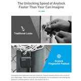 Petra store Anylock fingerprint padlock on chain fence compared with traditional keys showing keyless outdoor security lock