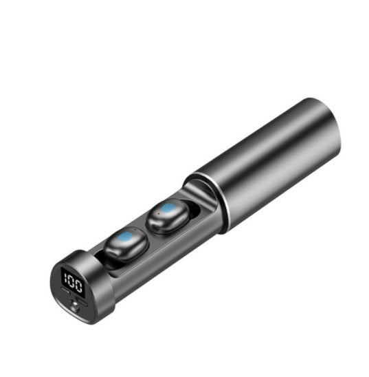 Petra store Wireless Bluetooth Earbuds in metal cylindrical charging case with digital battery display