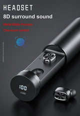 Petra store Wireless Bluetooth Earbuds matte black metal charging tube case with LED battery display and one touch control