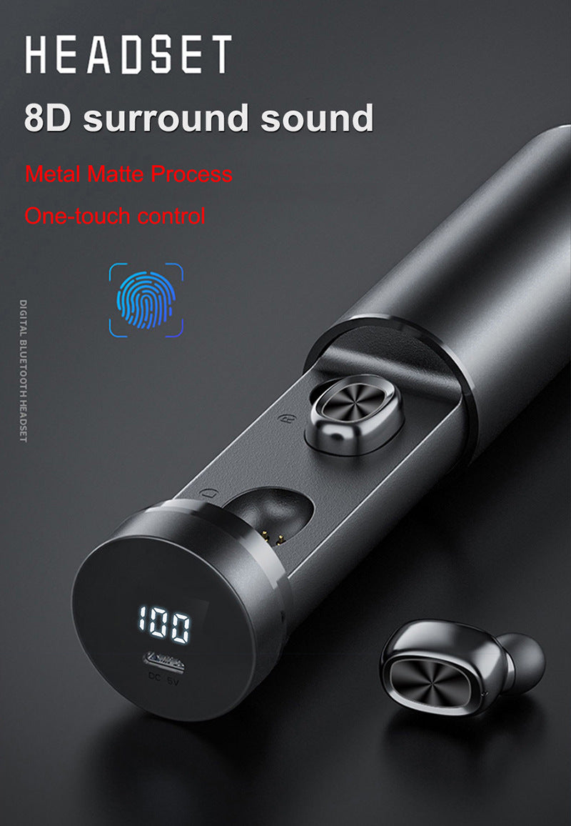 Petra store Wireless Bluetooth Earbuds matte black metal charging tube case with LED battery display and one touch control