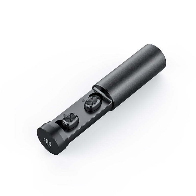 Petra store Wireless Bluetooth Earbuds in matte black with cylindrical charging case and LED battery display