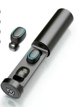 Petra store Wireless Bluetooth Earbuds black with teal trim and cylindrical slide out charging case with LED battery display