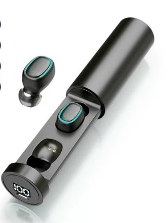 Petra store Wireless Bluetooth Earbuds black with teal trim and cylindrical slide out charging case with LED battery display
