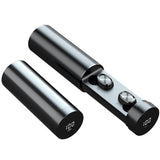 Petra store Wireless Bluetooth Earbuds with metallic cylindrical charging case open showing two earbuds and LED battery display
