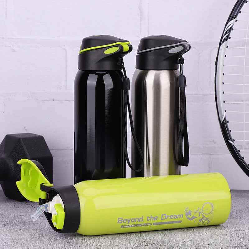 Petra store bike water bottle in green with flip lid plus black and silver stainless steel bottles