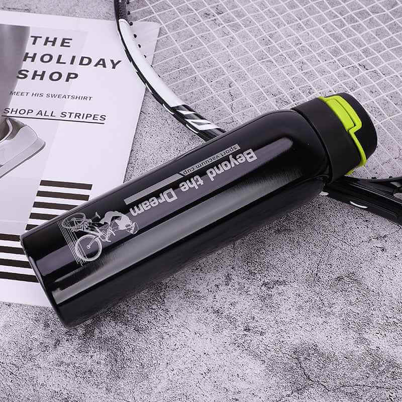 Black Bike Water Bottle with green cap and cycling graphic, perfect for fitness and wellness