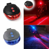Petra store Bicycle Tail Light in black with red and blue LED lights projecting safety laser lanes for night cycling