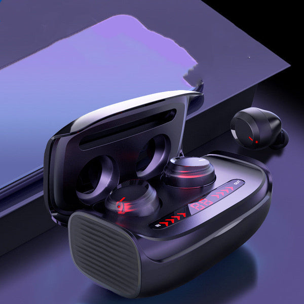 Bluetooth earbuds with charging case from Petra store featuring sleek black design and LED indicators
