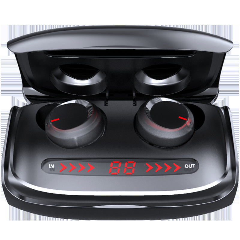 Petra store Bluetooth earbuds with charging case in sleek black design with digital display