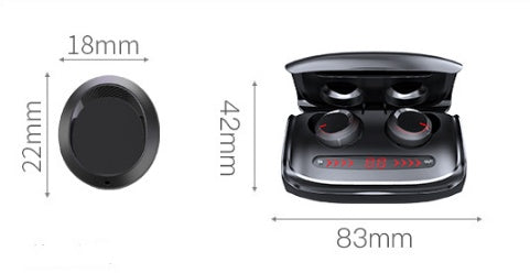 Bluetooth earbuds with charging case showing compact size and digital battery display from Petra store