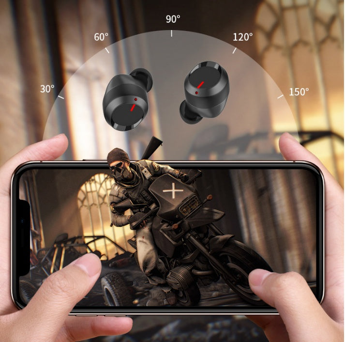 Bluetooth earbuds with charging case shown above phone playing action motorcycle game
