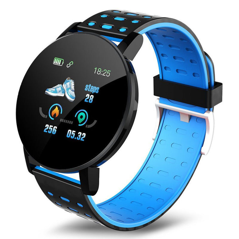 Petra store Bluetooth Smart Watch with black and blue sporty strap and fitness tracking display