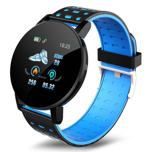 Petra store Bluetooth Smart Watch with black and blue perforated strap showing fitness tracking display