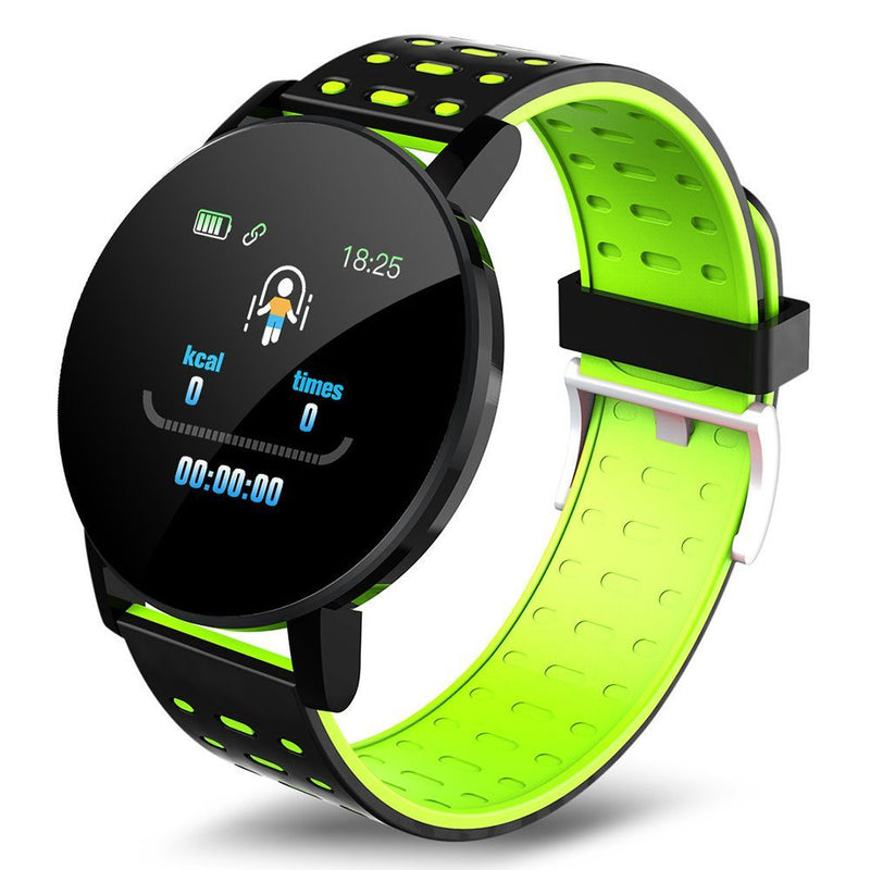 Petra store Bluetooth Smart Watch with round black face and green perforated strap