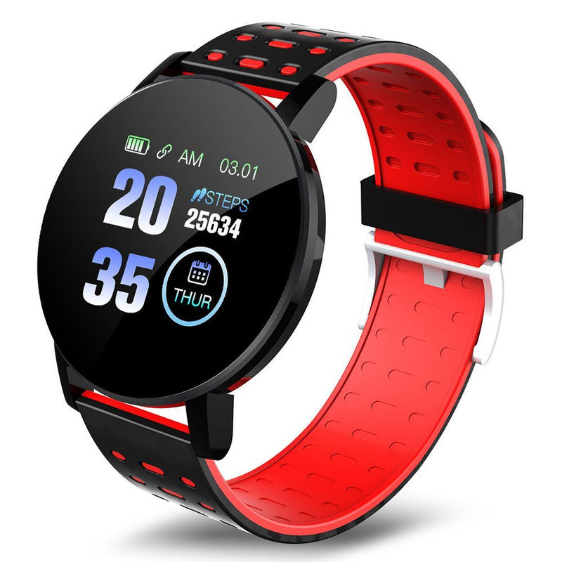 Petra store Bluetooth Smart Watch with black and red strap showing time, steps, and date