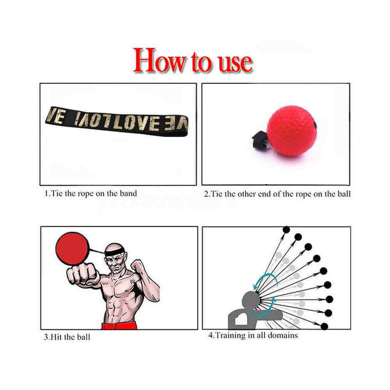 Instructions showing how to use Boxing Reflex Speed Punch Ball with rope and ball for training reflex speed
