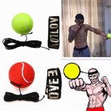 Boxing Reflex Speed Punch Ball set with elastic cords and headbands shown in use and as cartoon illustration