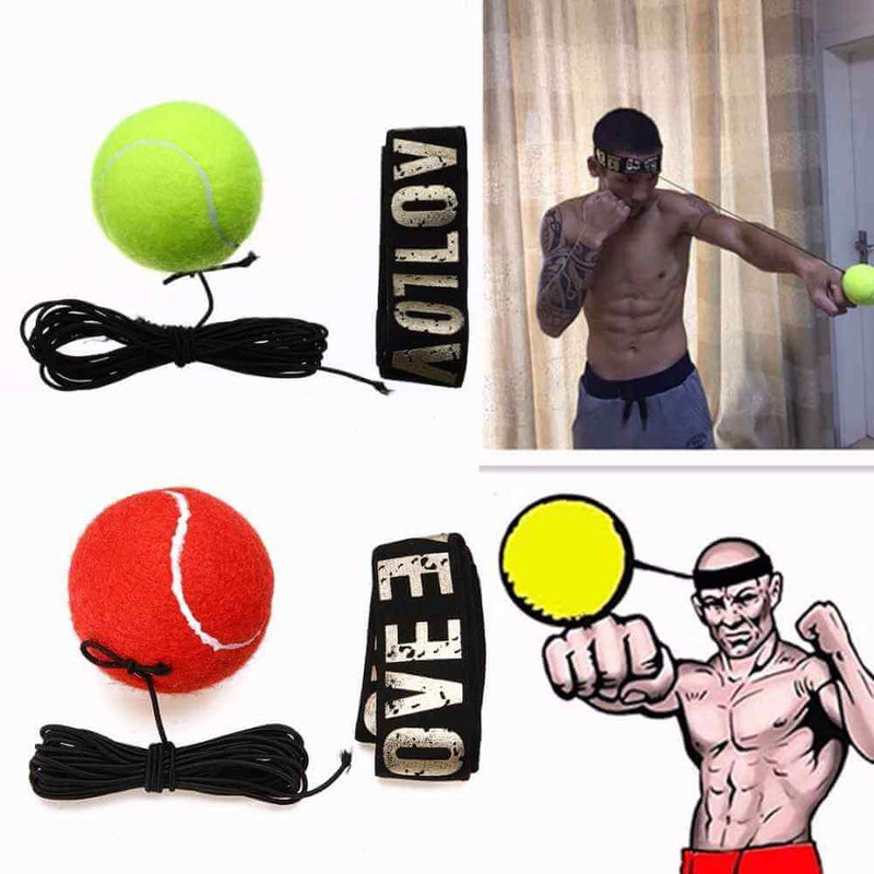 Boxing Reflex Speed Punch Ball set with elastic cords and headbands shown in use and as cartoon illustration