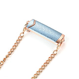 Petra store blue textured strap with rose gold links crossbody chain for smartphones showing metal clasp connector