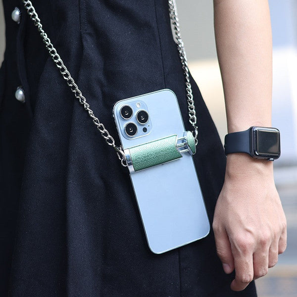 Petra store crossbody chain for smartphones with green leather holder and silver chain for hands free carry