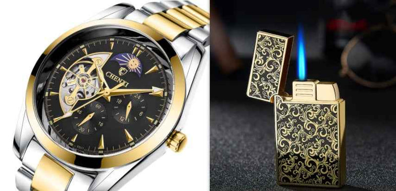 Men's Business Mechanical Watch with gold and silver steel band and black dial from Petra store