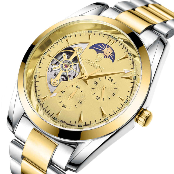 Petra store men's business mechanical watch with gold and silver stainless steel band