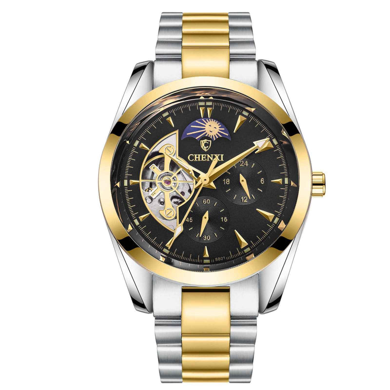 Men's Business Mechanical Watch with gold and silver band and black dial from Petra store