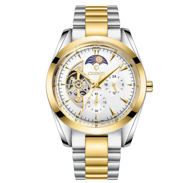 Men's Business Mechanical Watch with silver and gold stainless steel band and white dial