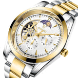 Men's Business Mechanical Watch with gold and silver stainless steel band and intricate dial design
