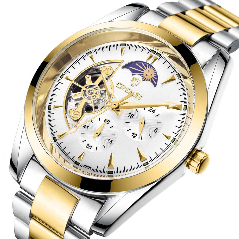 Men's Business Mechanical Watch with gold and silver stainless steel band and intricate dial design