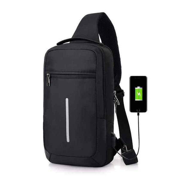 Black chest bag from Petra store with USB charging port and multiple zippered compartments