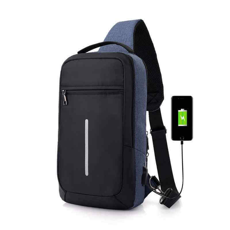 Petra store black and gray chest bag with USB charging port for fitness and wellness