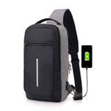 Petra store black and gray chest bag with USB charging port for fitness and wellness use