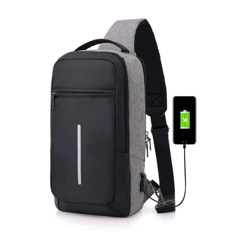 Petra store black and gray chest bag with USB charging port for fitness and wellness use
